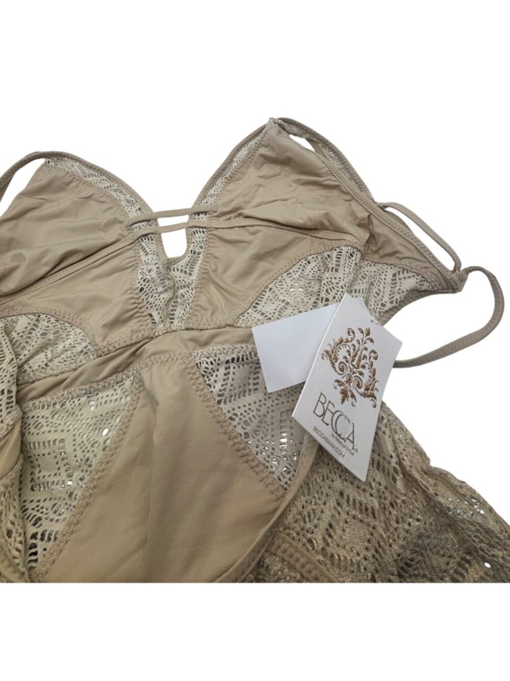 Becca Color Play Crochet Plunge One-Piece Swimsuit, Gold, M-NO REMOVABLE CUPS - Picture 9 of 15